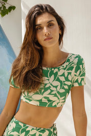 Hailey Sleeved Cropped Top (Flora/Pine)